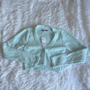 Aqua blue cropped knitted chenille cardigan from Urban Outfitters!